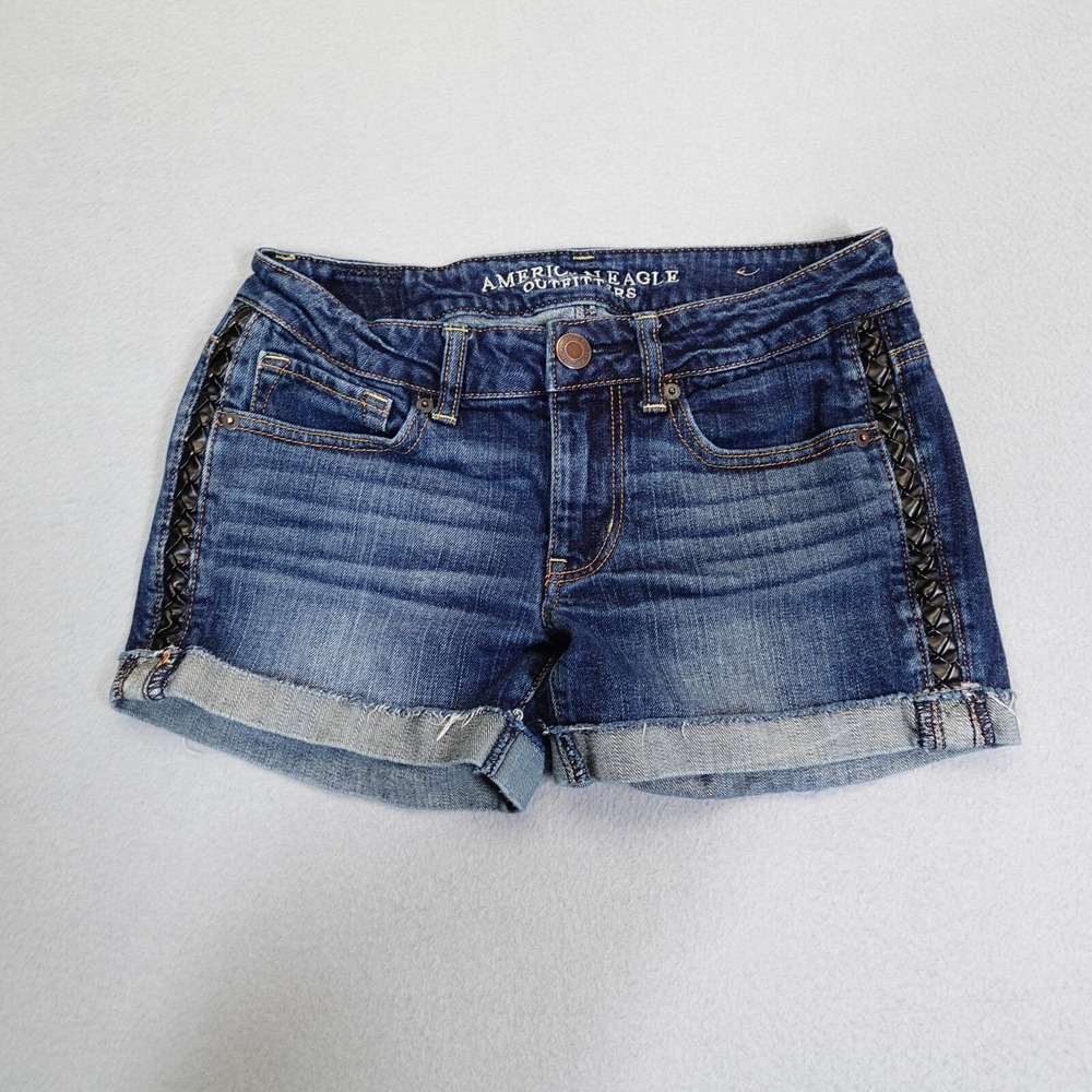 American Eagle Shorts Womens 6 Blue Denim Braided Side Trim Stretch Jean Shorts